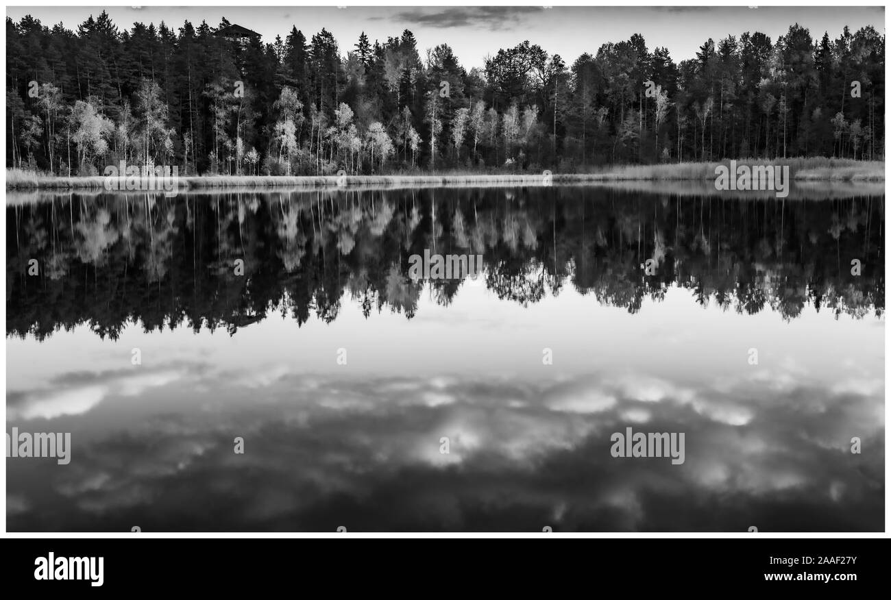 Blick auf Kingari See. Schwarz und Weiß. Lettische Natur. Schöne Landschaft. Eingerahmt. Stockfoto