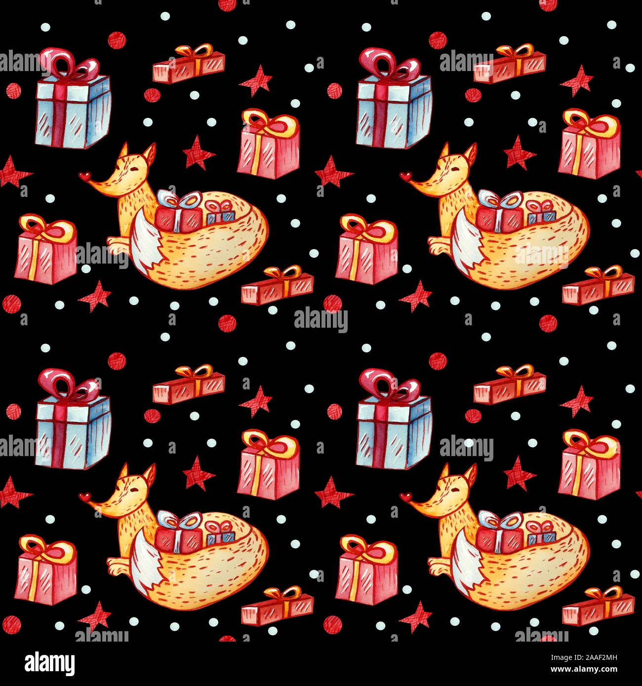 Nahtlose Hintergrund mit einem Fuchs und Geschenke. Aquarell Ornament mit einem Wald Charakter mit geschenkboxen auf einem schwarzen Hintergrund mit Sternen. Weihnachten conc Stockfoto