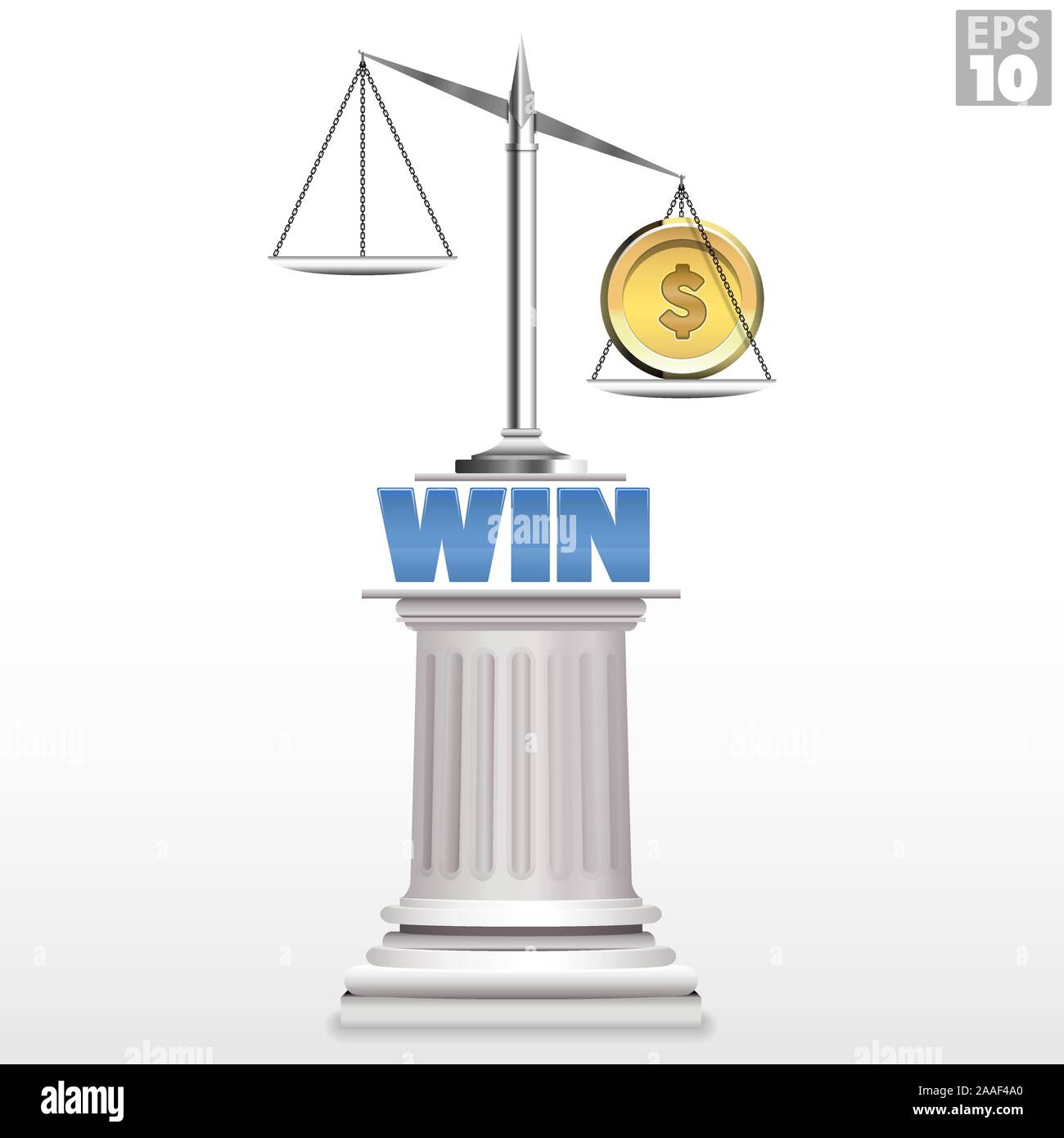 Ein schweres Gold Münze auf der Gerechtigkeit Maßstab teuer Gericht Rechtsstreit zu repräsentieren und durch das Gleichgewicht der Gerechtigkeit zu gewinnen. Stock Vektor