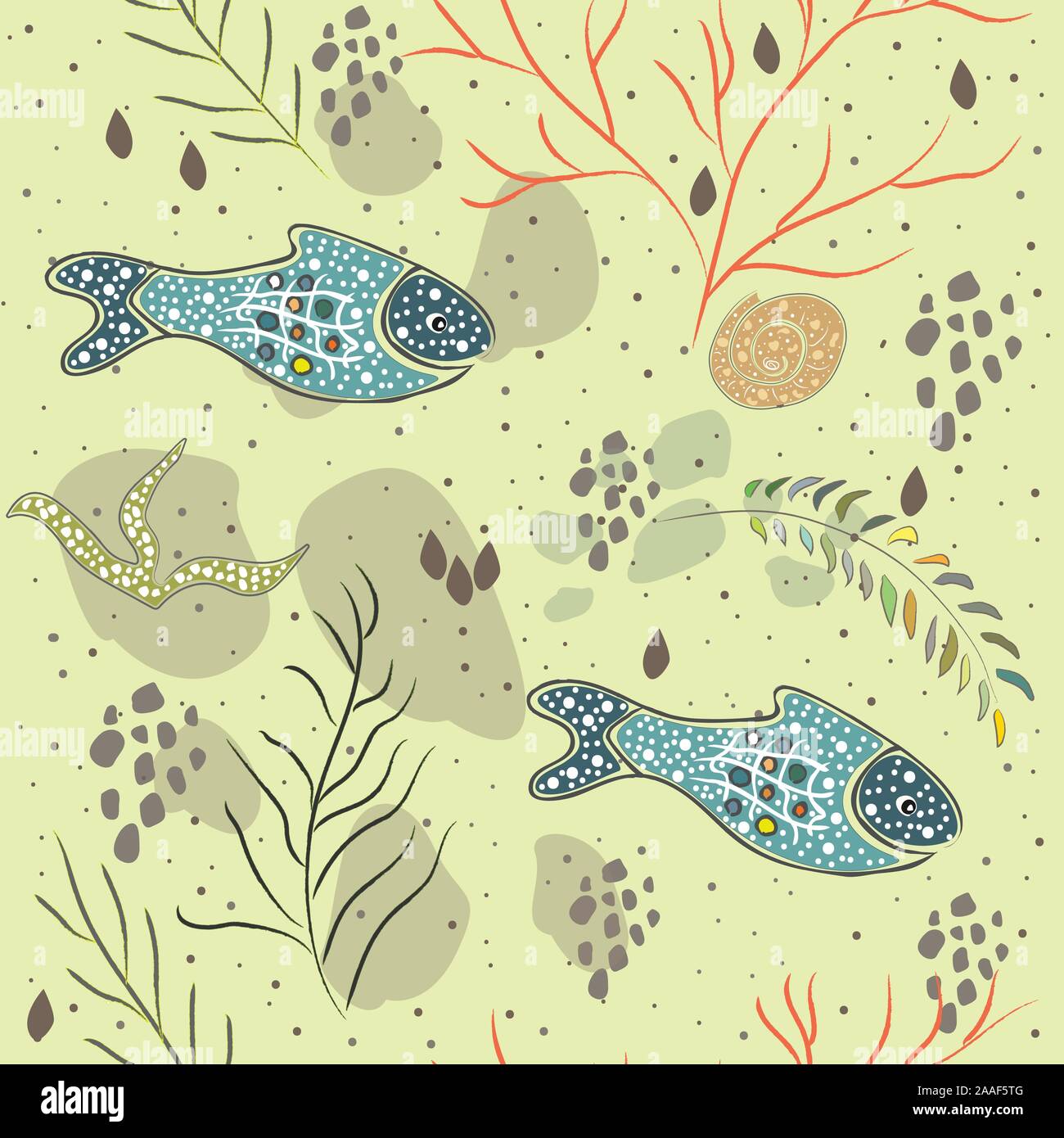 Hand gezeichneten Unterwasserwelt. Hand gezeichnet, im skandinavischen Stil. Detaillierte Arbeit. Stock Vektor