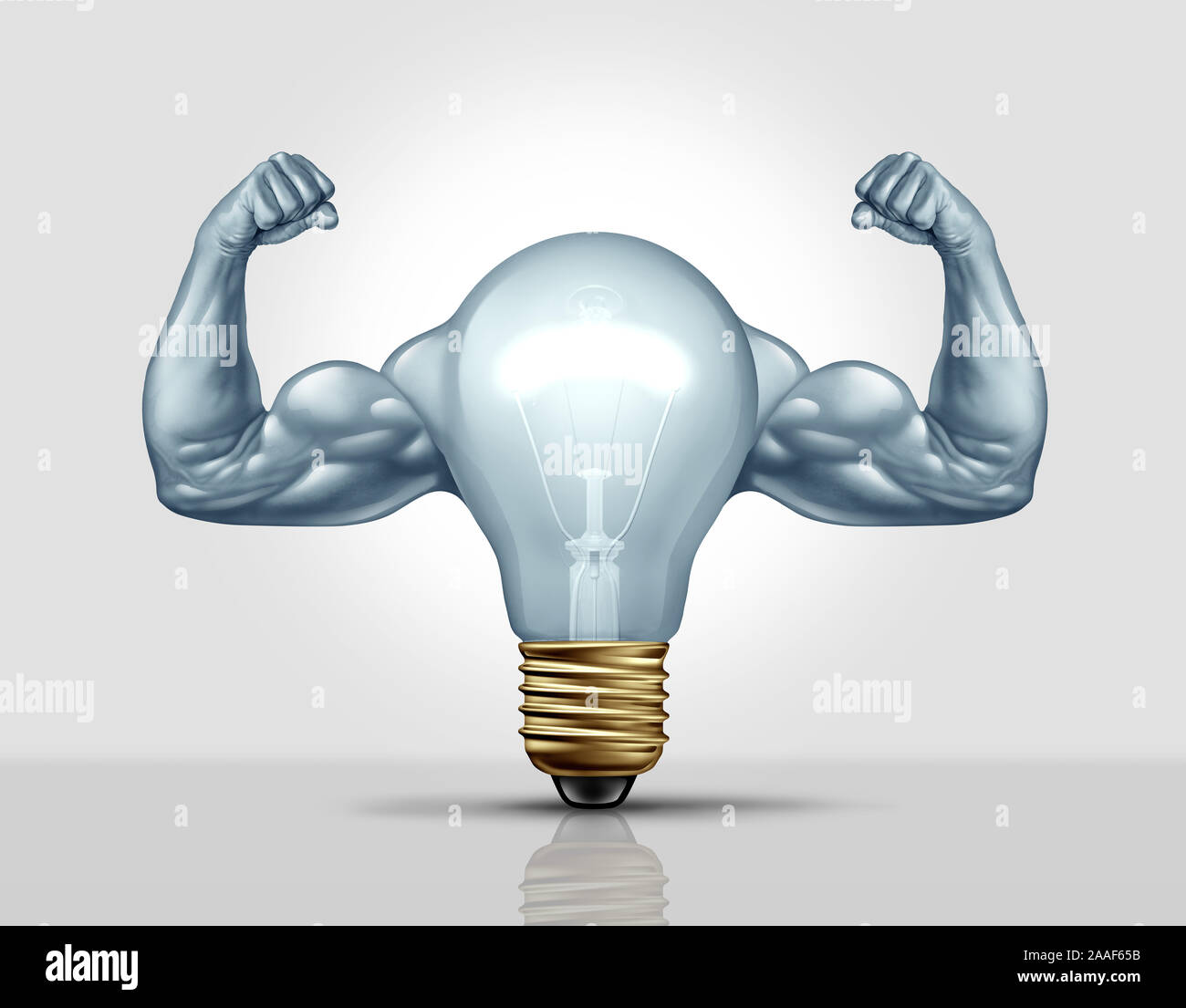 Leistungsfähige Idee und starke kreative Ideen Metapher und Business Kreativität Stärke als eine Glühbirne oder Glühbirne mit Muskeln als Symbol. Stockfoto