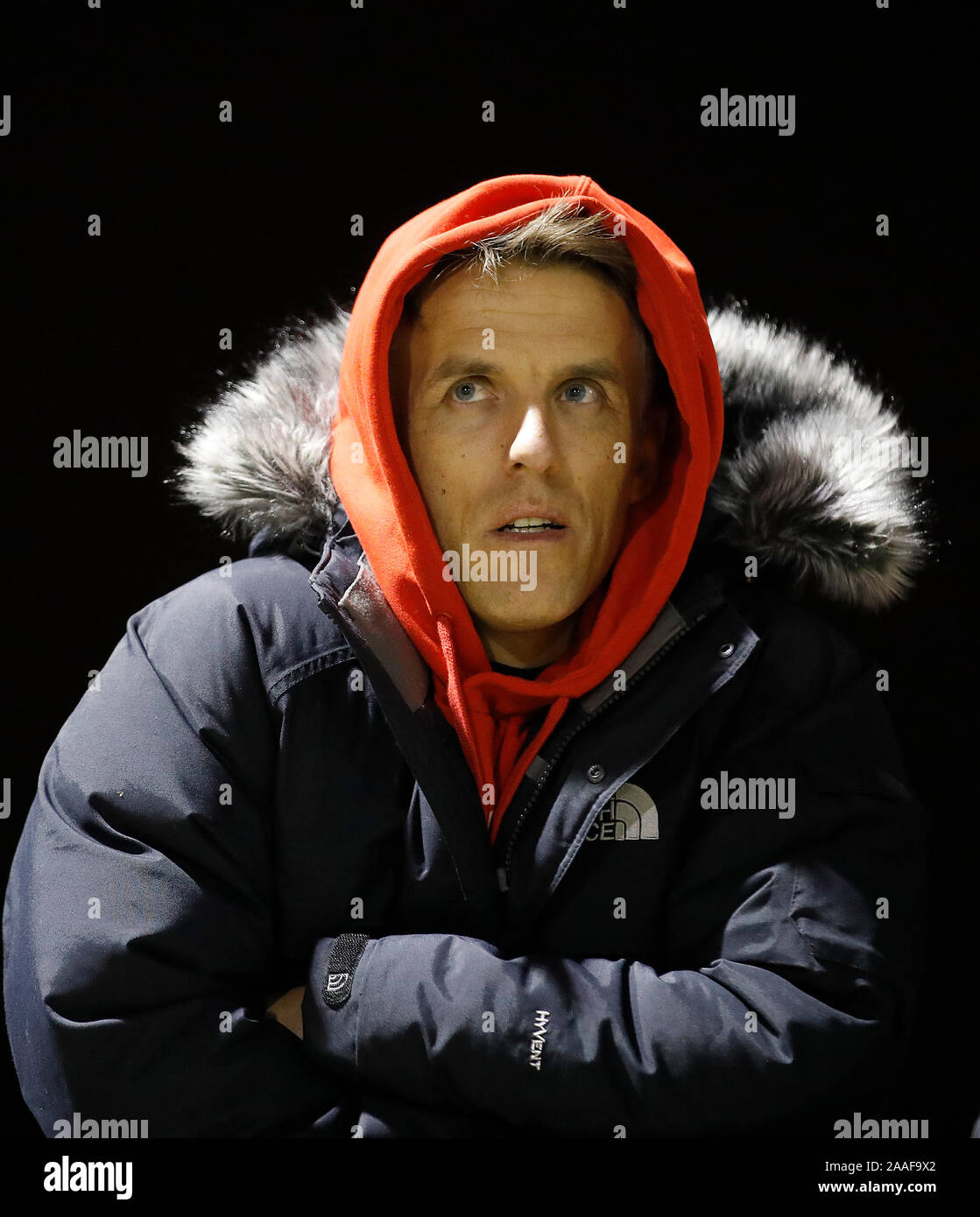 England Krippe Phil Neville Uhren als Everton Manchester City spielen, während die Women's League Cup Spiel in Rossett Park, Liverpool. Stockfoto