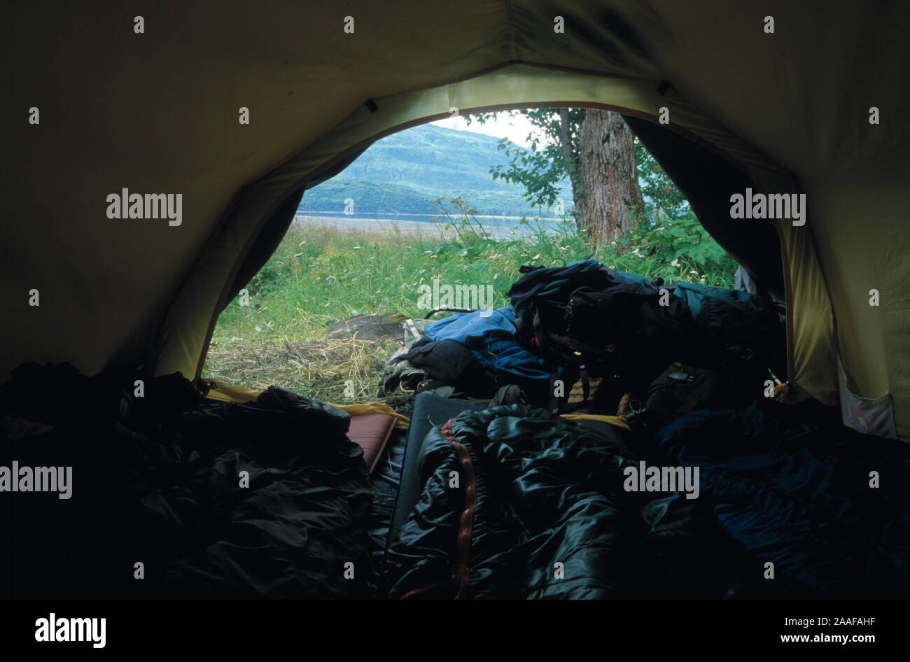 Camping ist eine Aktivität im Freien mit Übernachtungen fern von zu Hause in einem Tierheim, wie z. B. ein Zelt oder Wohnmobil. In der Regel Teilnehmer Stockfoto