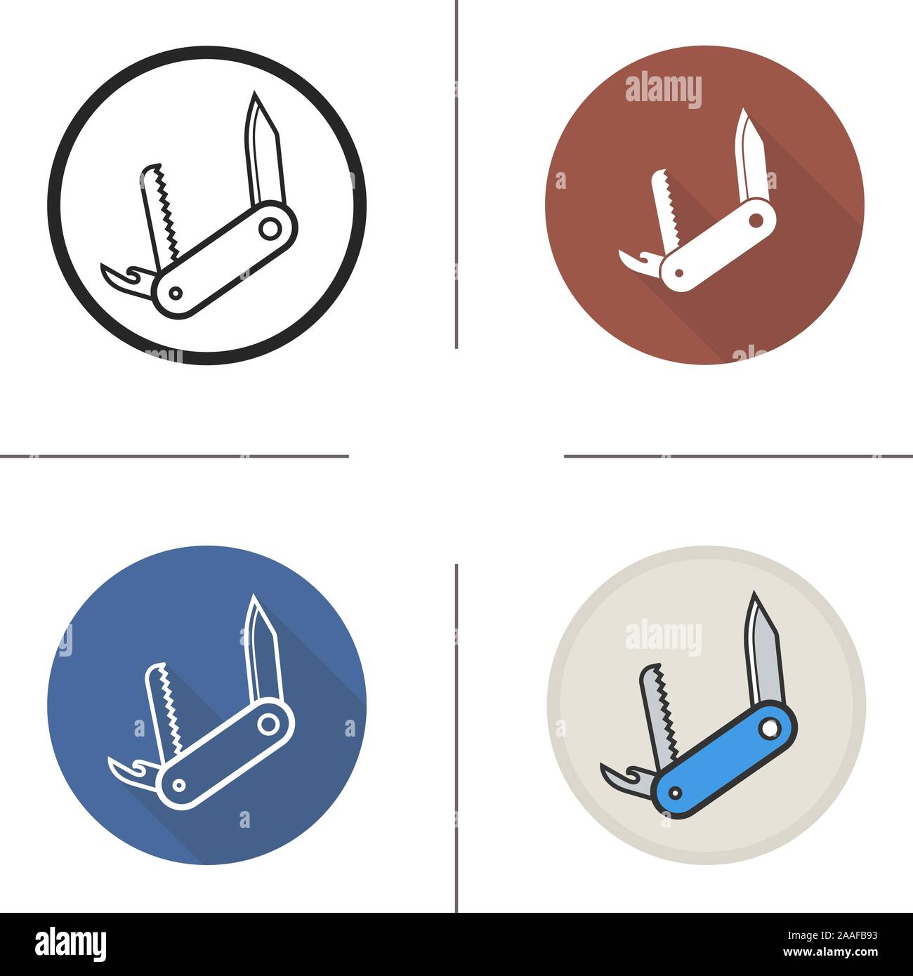 Taschenmesser flache Bauform, Linear und Farbe der Symbole festlegen. Taschenmesser in verschiedenen Stilen. Boy Scout expedition Messer. Lange Schatten logo Konzept. Isolierte vec Stock Vektor