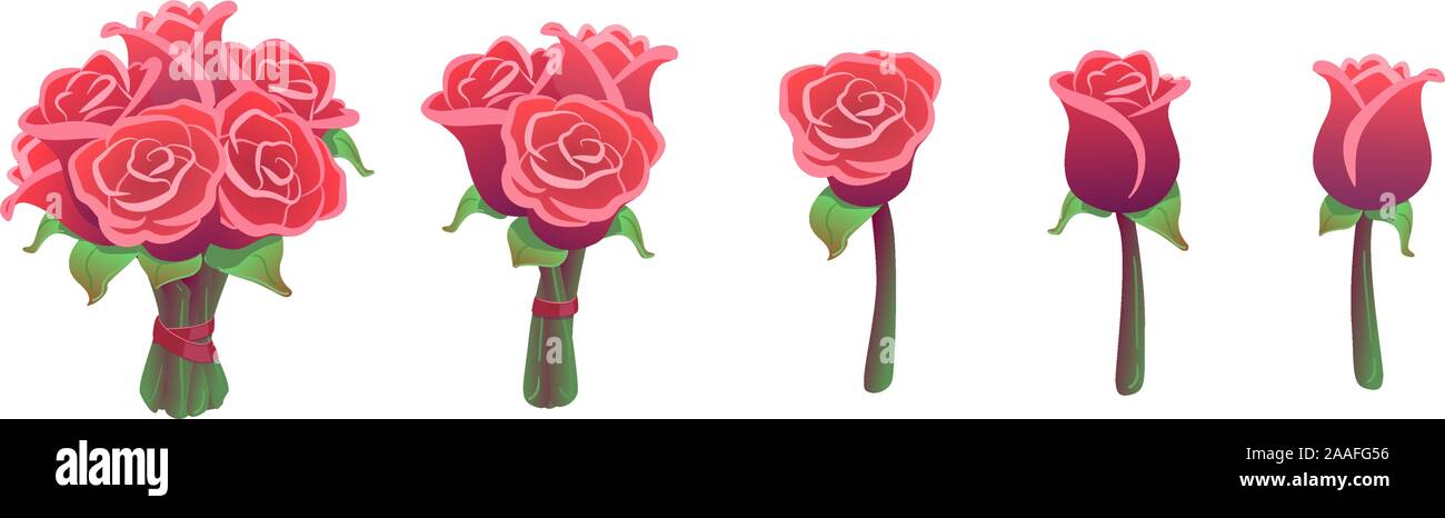 Schöne rote Rosen Blumensträuße auf weißem Hintergrund. Valentinstag geschenk Sticker pack. Große, kleine und einzelne Blumen. Hochzeit Blumen Kollektion. Vector Illustration. Liebe, Romantik design elemente Stock Vektor