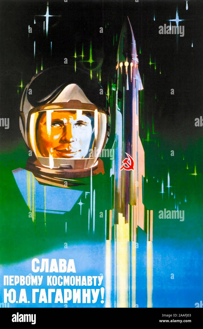 Juri Gagarin (1934-1968), sowjetischer Pilot und Kosmonauten auf einem Plakat 1961 - Lang lebe Yuri Gagarin! Stockfoto