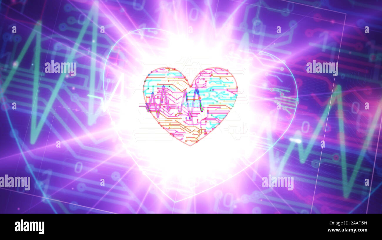 Cyber Herz Puls futuristische 3D Rendering Illustration. Abstrakte Digitale intro Hintergrund. Konzept der Romantik, Liebe, Gesundheit, Medizin und erweiterte cyb Stockfoto