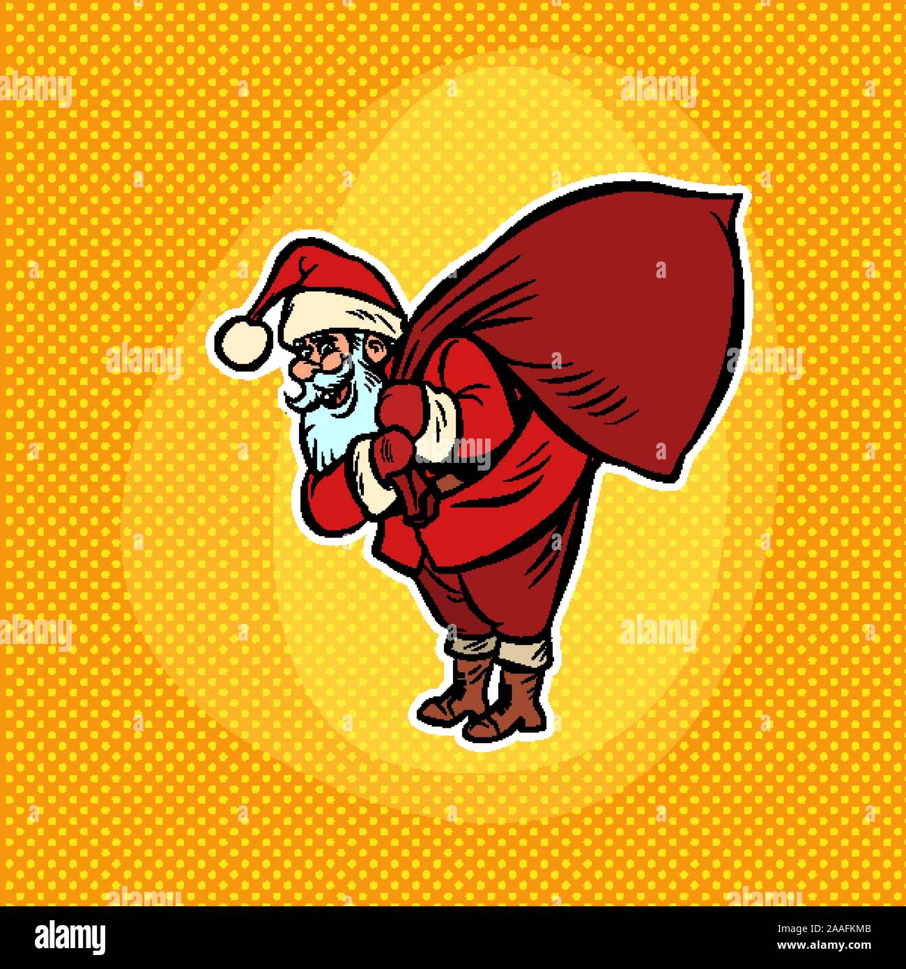 Weihnachtsmann mit einer Tüte von Geschenken. Comic Cartoon Pop Art Stock Vektor
