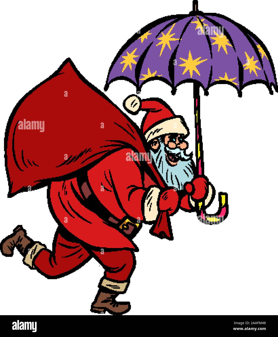 Weihnachtsmann mit Sternenschirm, magische Nacht. Weihnachten und Neujahr Stock Vektor