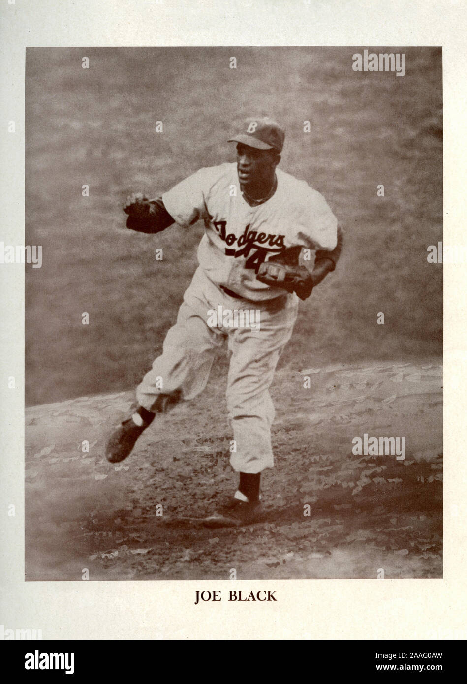 Eine 1950s Era baseball Zeitschrift schwarz-weiss Poster Bild von Brooklyn Schwindler Sternkrug Joe Black, Stockfoto