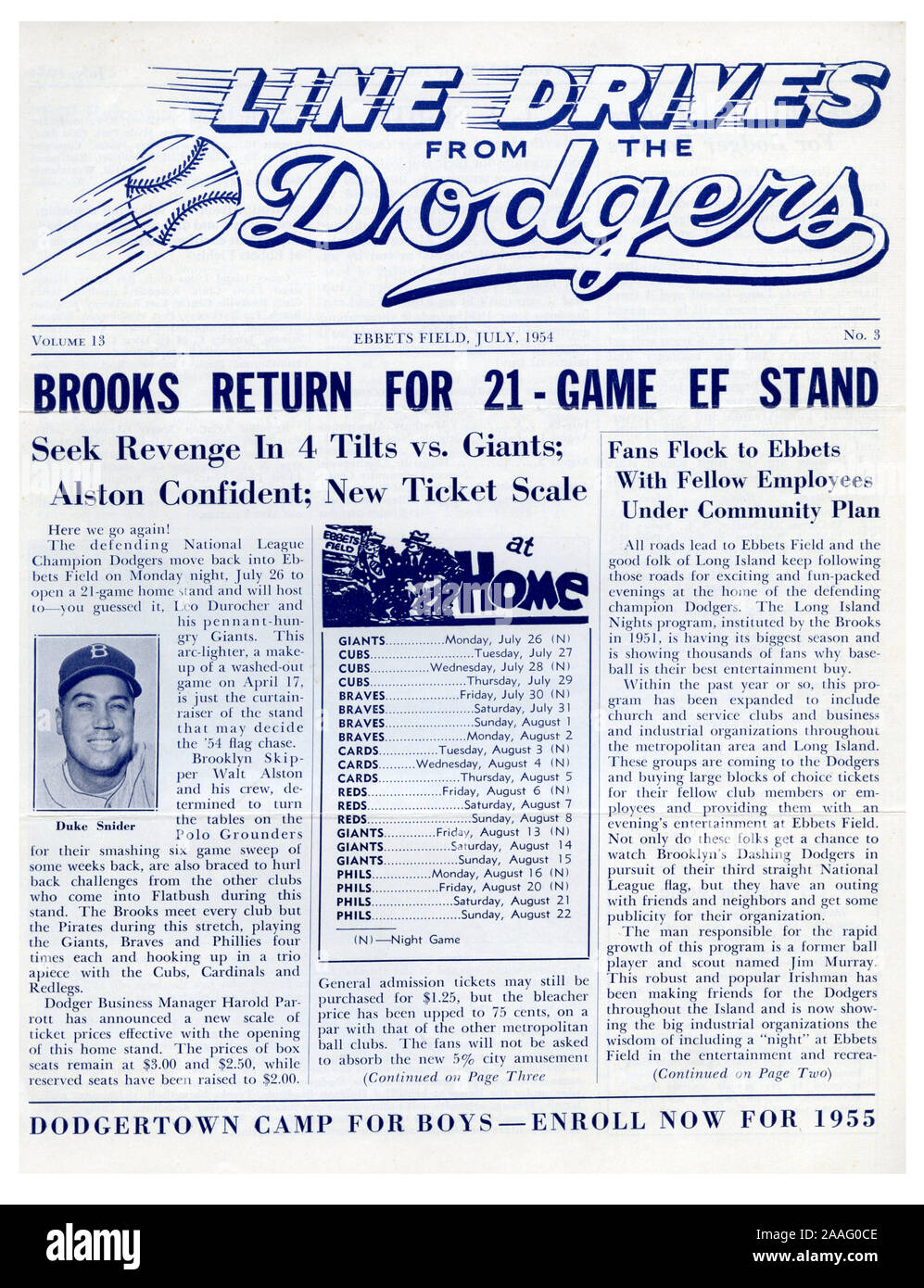 Die Juli 1954 Ausgabe der Schwindler Linie Antriebe wurde der Newsletter für die Brooklyn Schwindler mit ihren Fans in den 40er und 50er Jahren zu kommunizieren. Stockfoto