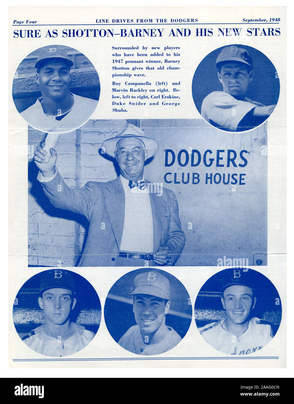 Eine Seite in der September Ausgabe 1947 der Schwindler Linie Antriebe, dem Newsletter für die Brooklyn Dodgers mit ihren Fans zu kommunizieren, stellt jungen Dodger Spieler einschließlich Zukunft Hall of Famers Roy Campanella und Herzog Snider. Stockfoto