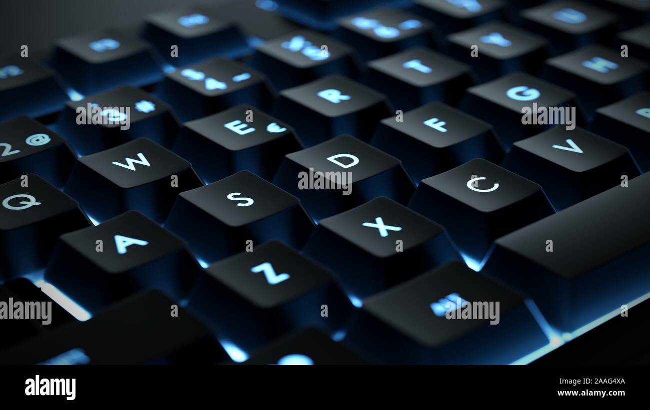 Tastatur mit Hintergrundbeleuchtung. Schwarze Tasten mit beleuchteten Zeichen. Stockfoto