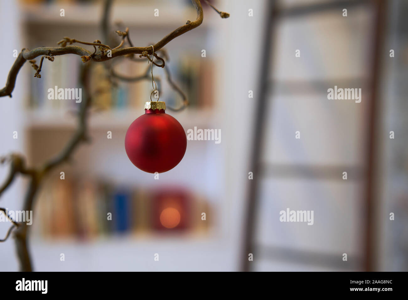 In der Nähe von Red christmas Ball in einer Filiale vor unscharfen Hintergrund Bücherregal Stockfoto