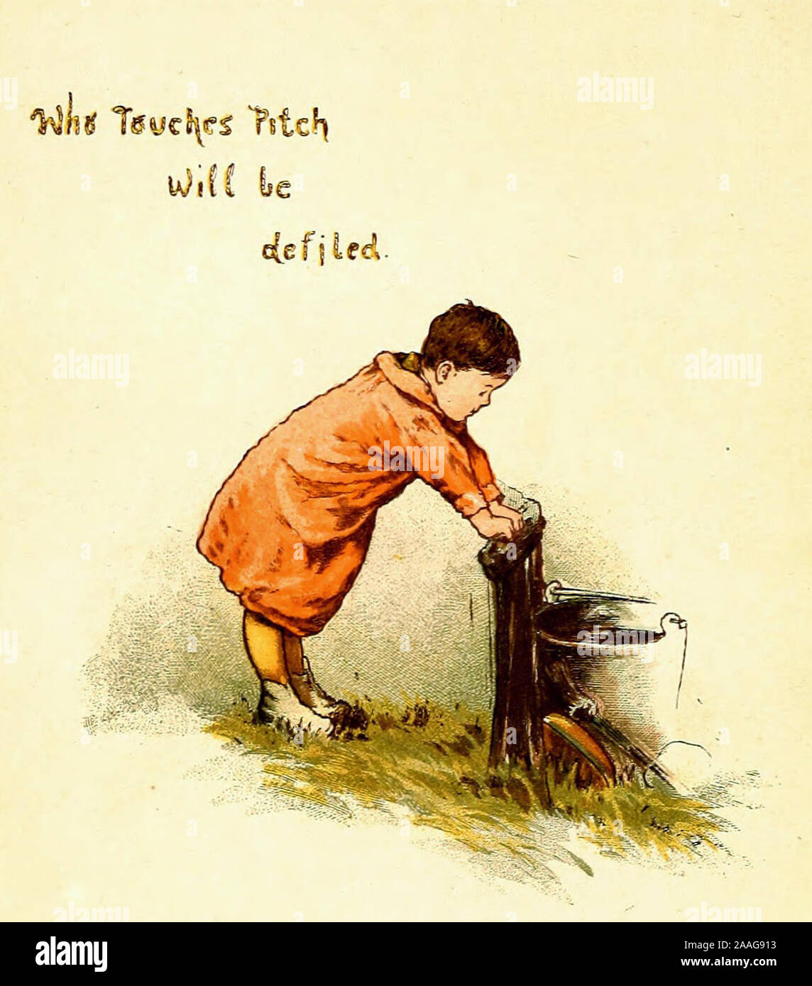 Wer berührt, wird unrein sein Pitch - Vintage Abbildung: Ein altes Sprichwort Stockfoto