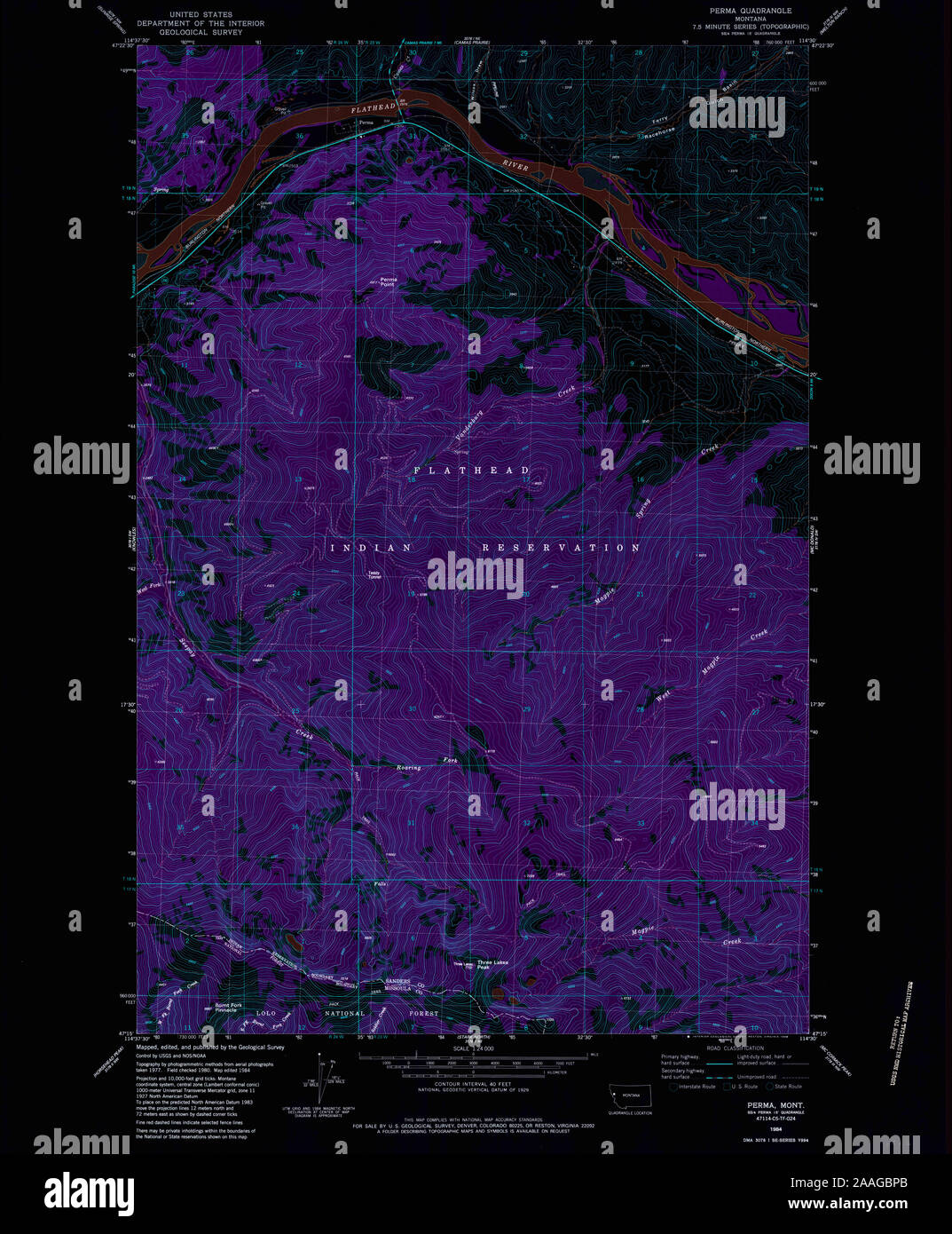 USGS TOPO Karte Montana MT Perma 265968 1984 24000 invertiert Wiederherstellung Stockfoto