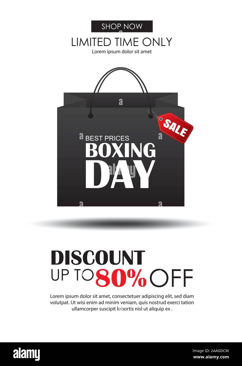 Boxing Day Verkauf mit Einkaufstasche Plakat Vorlage. Verwenden Sie für Flyer, Banner, Weihnachten saisonalen Angeboten, Rabatten. Stock Vektor