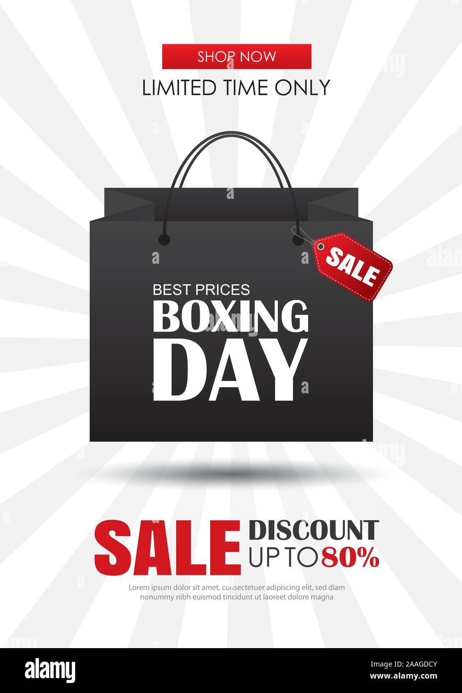 Boxing Day Verkauf mit Einkaufstasche Plakat Vorlage. Verwenden Sie für Flyer, Banner, Weihnachten saisonalen Angeboten, Rabatten. Stock Vektor