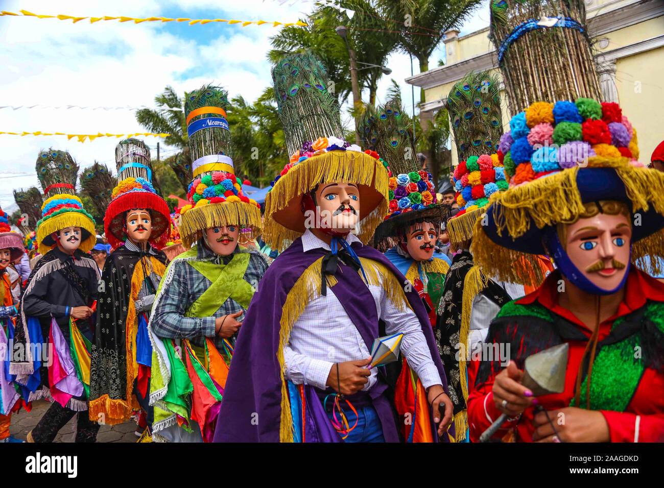 El Baile de el Gúgüense es una comediia Ballet de la epoca Colonial de Nicaragua. El Güegüense es una síntesis de la Fusión de las culturas Españolas Stockfoto