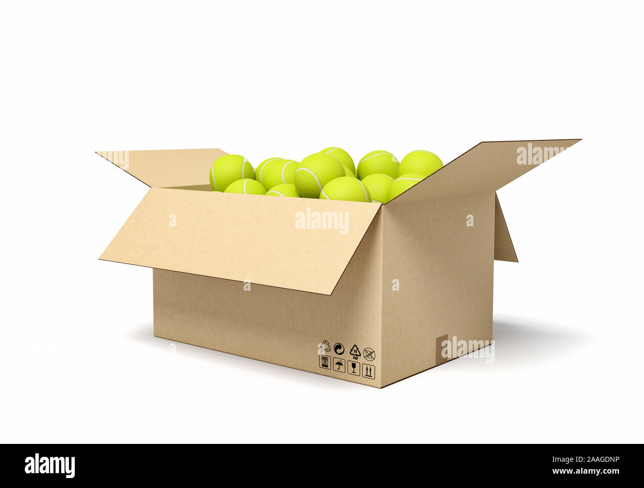 3D-Rendering von gelben Bälle im Karton. Spiel und Sport. Aktivitäten im Freien. Sportartikel. Stockfoto