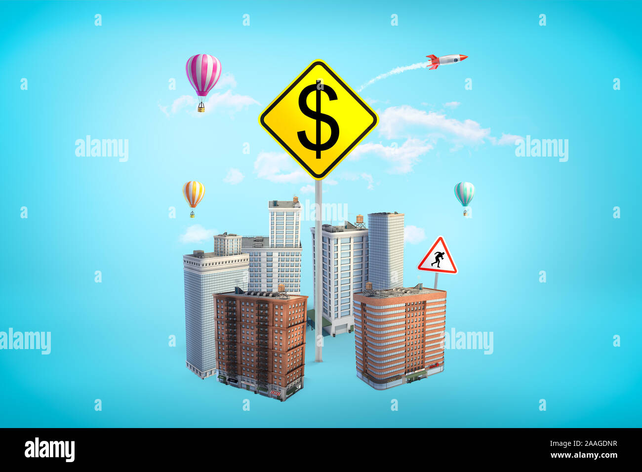 3D-Rendering von riesigen gelben Quadrat Schild mit Dollarzeichen steigende inmitten der Hochhäuser auf blauem Hintergrund. Reisekosten. Stadt Navig Stockfoto