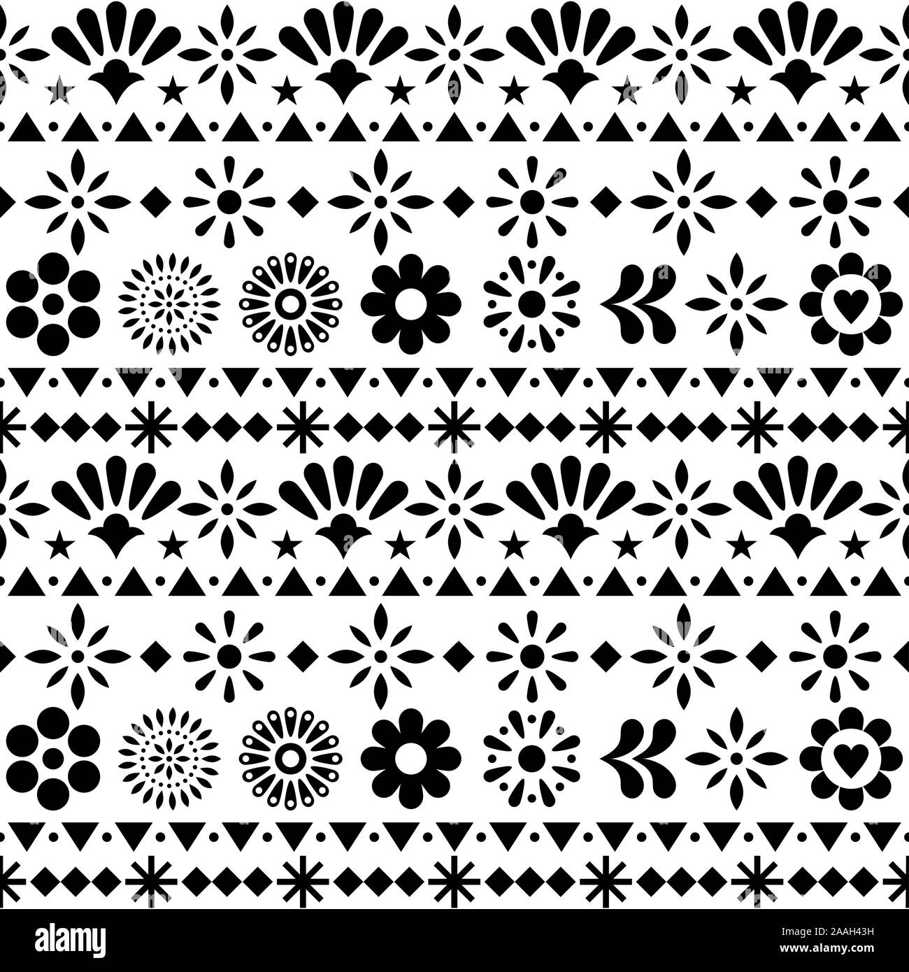 Mexikanische nahtlose Vektor Muster mit Blumen und abstrakten Formen - Blumig, glücklich, Textil schwarz-weiß Design Stock Vektor