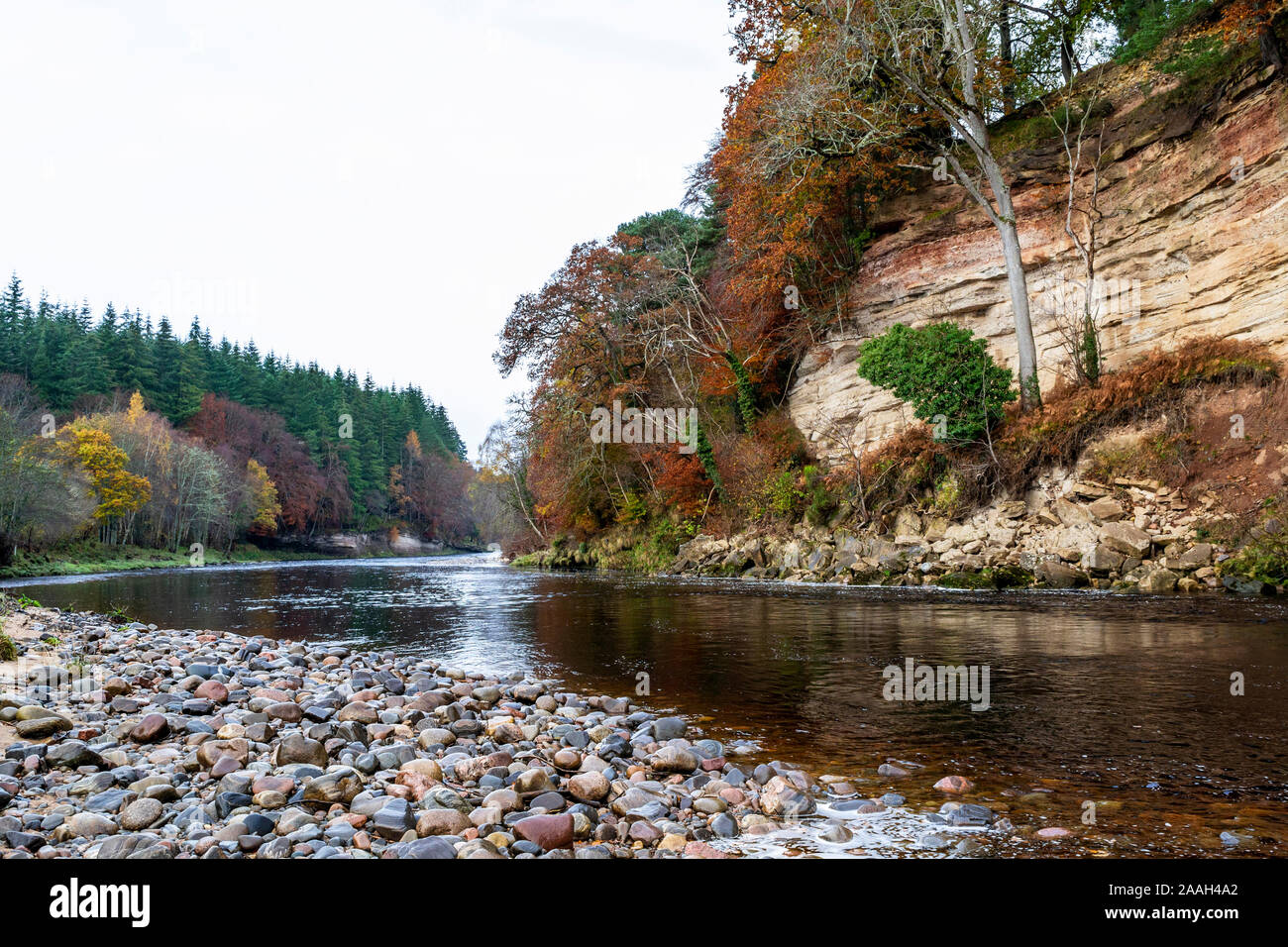 Fluss im frühen Winter Herbstliche Blätter an den Bäumen und glänzende Steine und Kiesel AM UFER DES FLUSSES Stockfoto