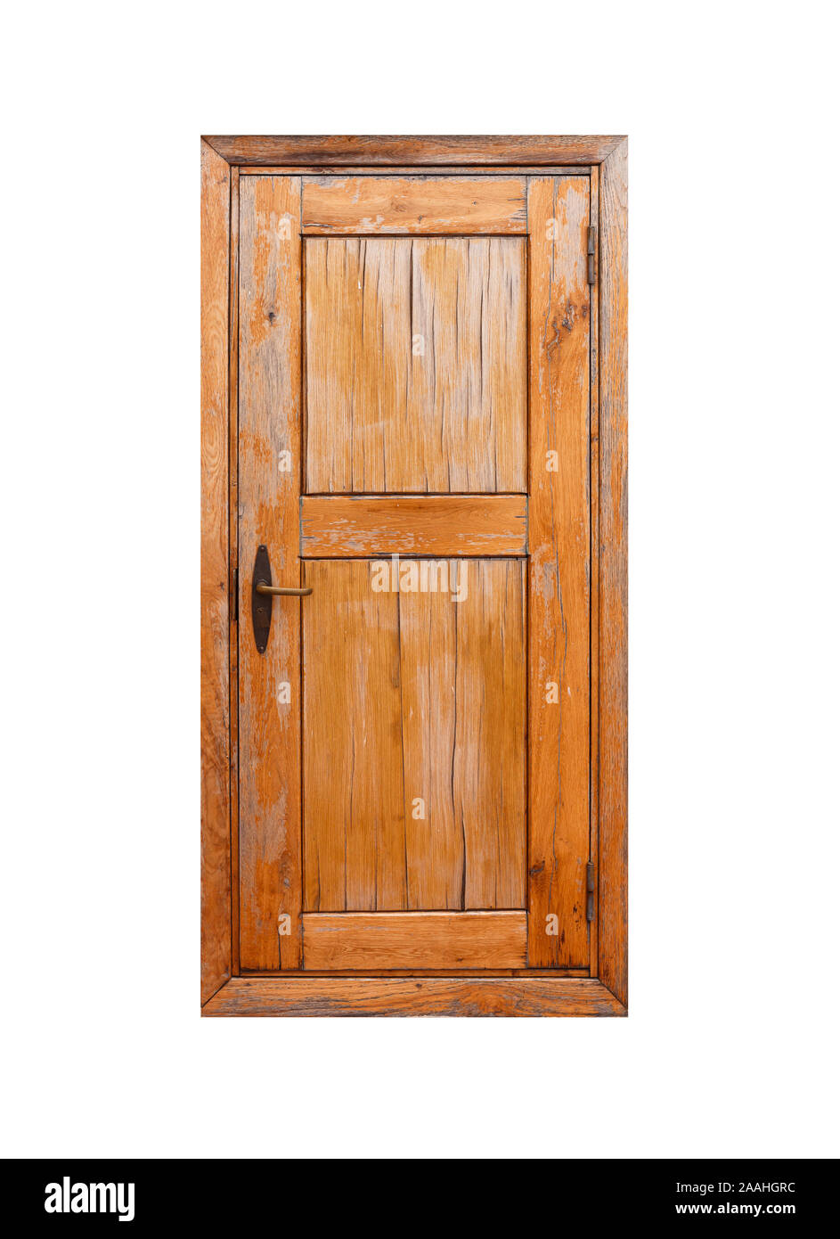 Alte Holztür auf weißem Hintergrund Stockfoto