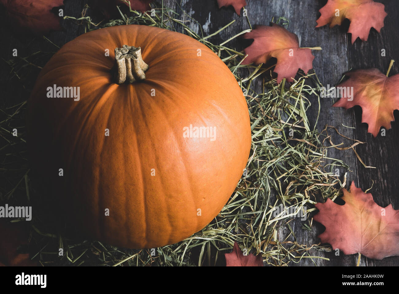 Großen ländlichen Dekorative orange Kürbis auf rustikalen Holzmöbeln Hintergrund mit ländlichen Heu und herbstlaub als festliche Dekoration für Thanksgiving, Halloween Stockfoto