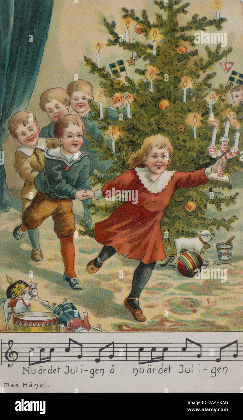 Vintage Christmas post Karte verschickt 1910 in New York USA ca, Schwedische Christmas Song, Baum, der mit der schwedischen Fahnen, glückliche Kinder laufen Stockfoto