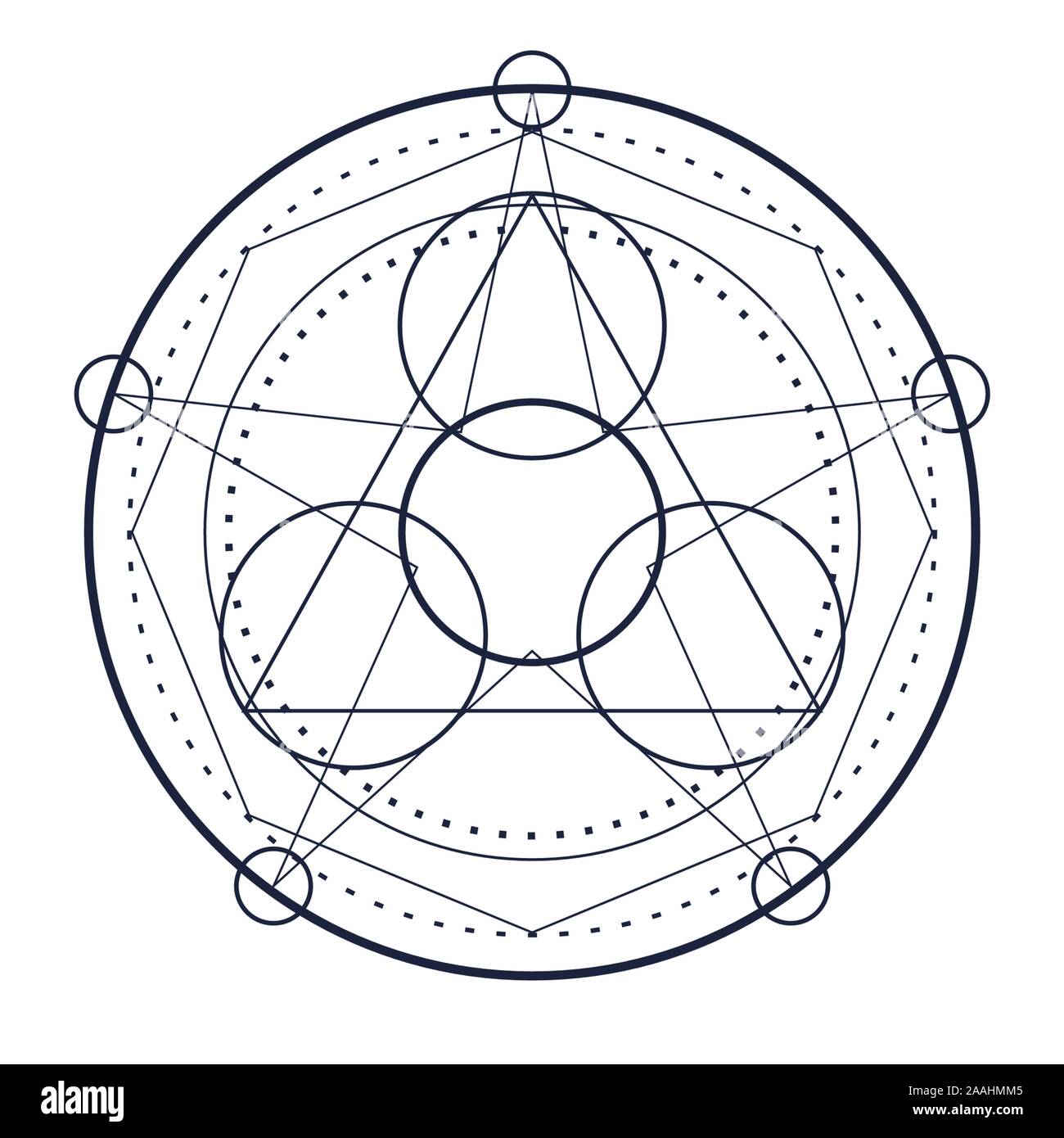 Mystische Geometrie Symbol. Lineare Alchemie, okkulten, philosophischen unterzeichnen. Für Musik Album Cover, Poster, sakramentale Design. Astrologie und Religion anhand von quantitativen Simulatio Stock Vektor