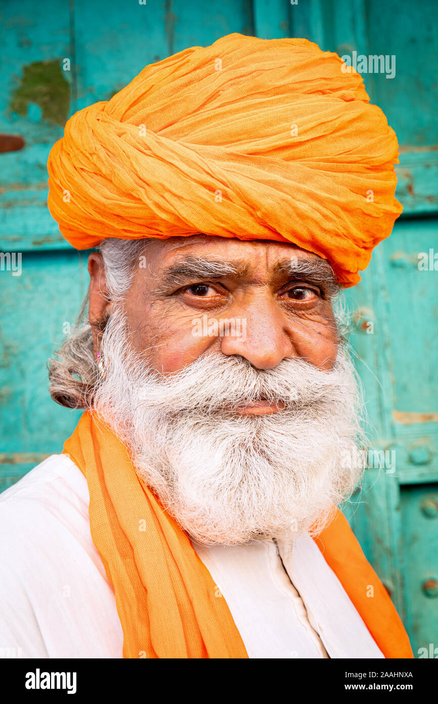 Portrait von älteren Mann mit Turban, Jodhpur, Rajasthan, Indien Stockfoto