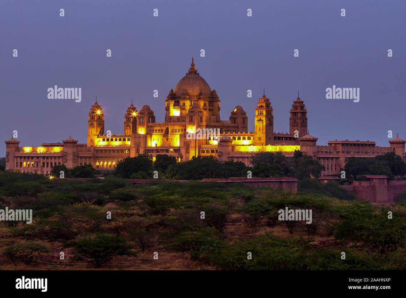 Bei Sonnenuntergang Umaid Bhawan Palace, Jodhpur, Rajasthan, Indien Stockfoto