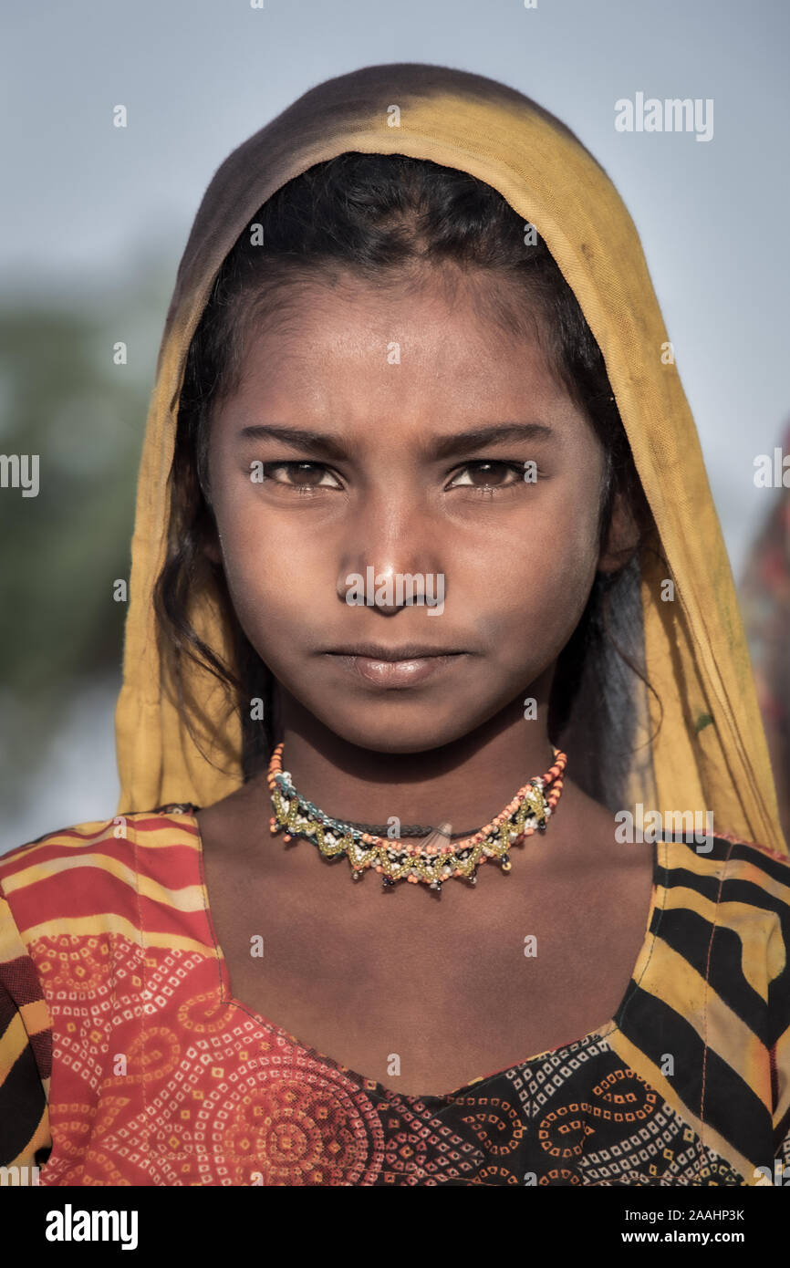 Porträt eines indischen Mädchens, Wüste Thar, Rajasthan, Indien Stockfoto