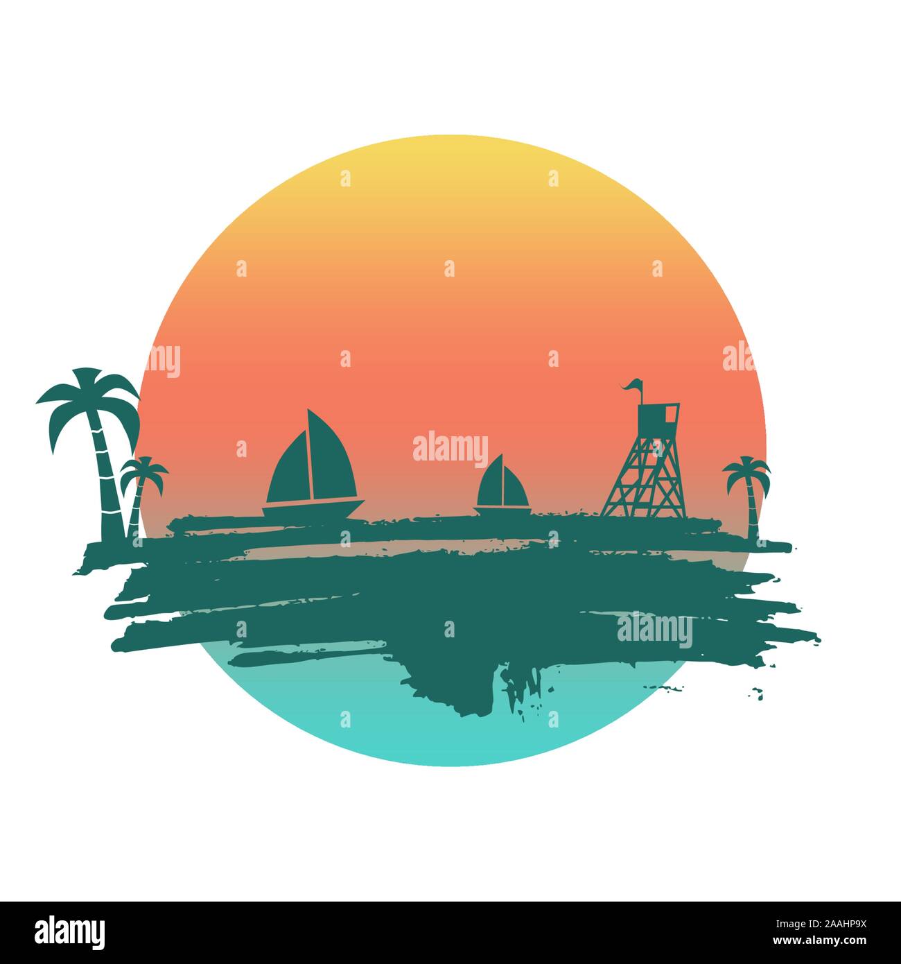 Jahrgang am Meer Poster. Vector Hintergrund. Palm und Turm am Strand sichern. Yacht im Ozean. Silhouetten auf grunge Pinselstrich Stock Vektor