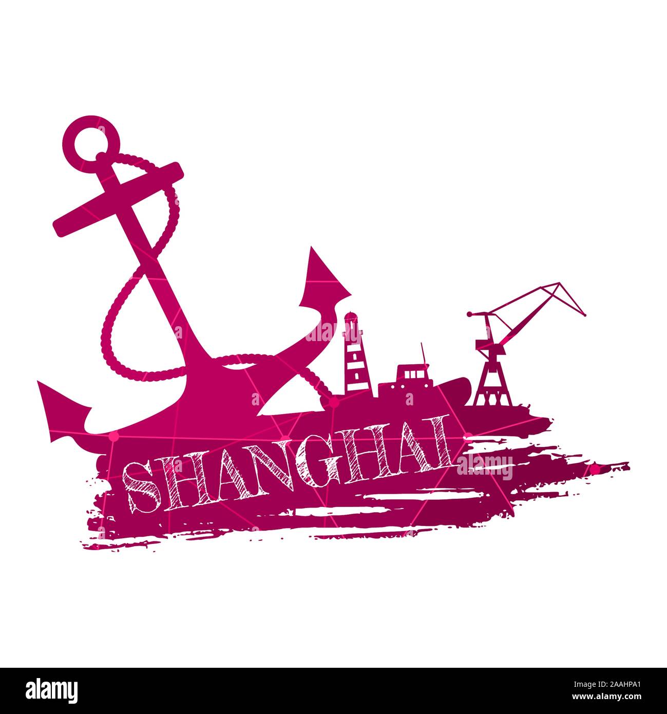 Anker, Leuchtturm, Schiff und Kran Symbole auf dem Pinselstrich. Kalligraphie Inschrift. Shanghai City name Text. Angeschlossene Leitungen mit Punkten. Stock Vektor