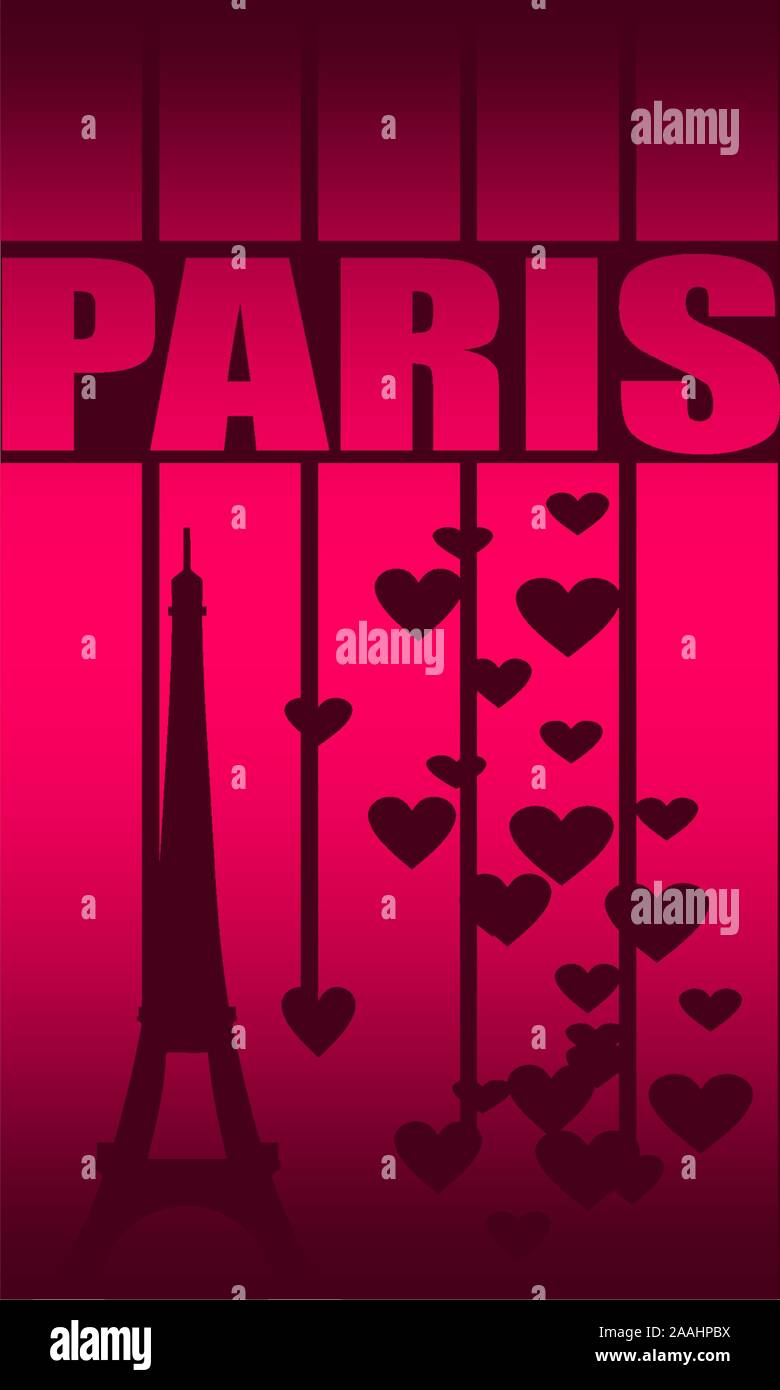 Eiffelturm in Paris. Contour silhouette gestreiften Hintergrund mit Herzen Symbole Stock Vektor
