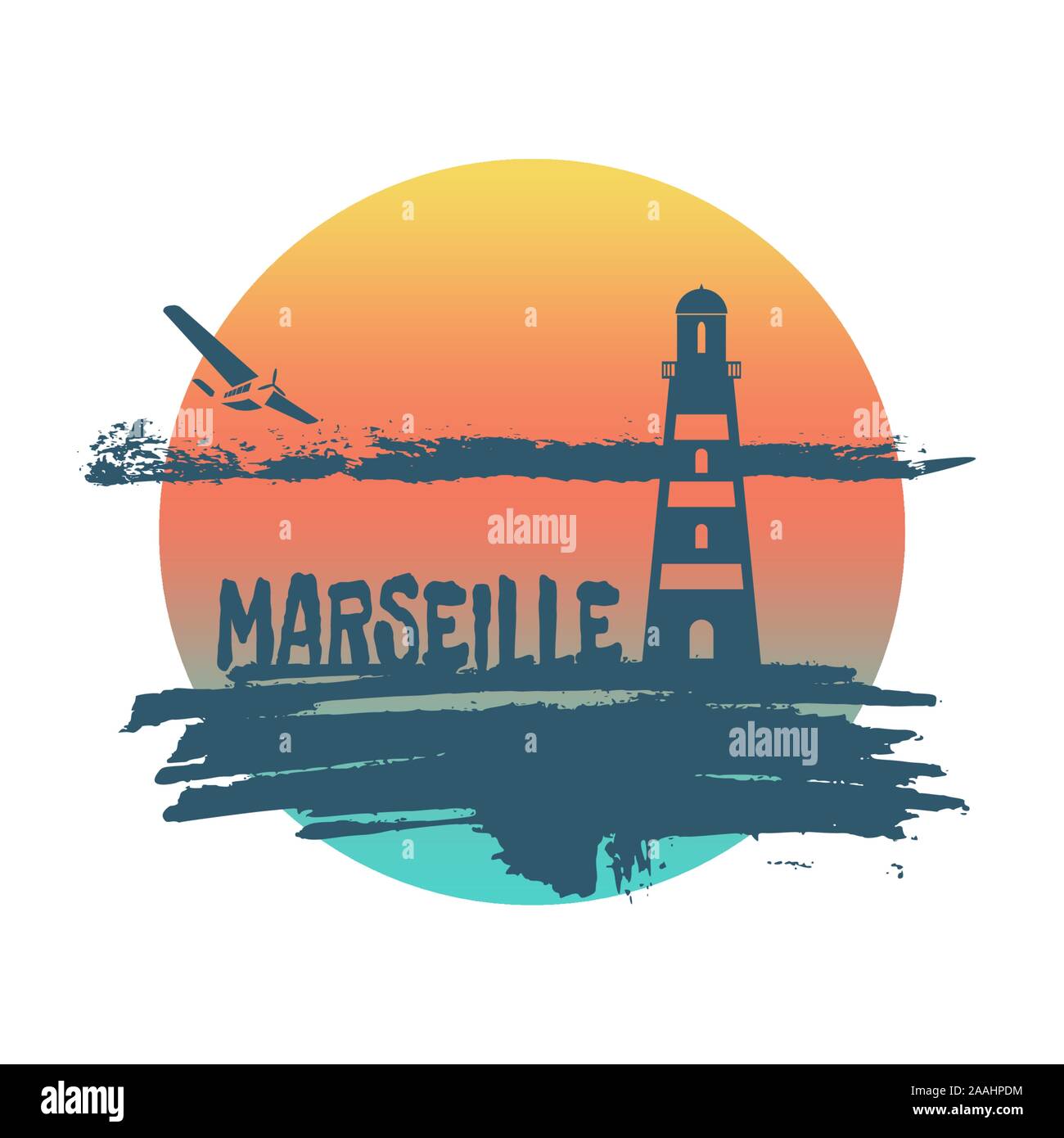 Leuchtturm auf pinselstrich Seashore. Wolken mit retro Flugzeugsymbol. Vector Illustration. Marseille city Name Text. Stock Vektor