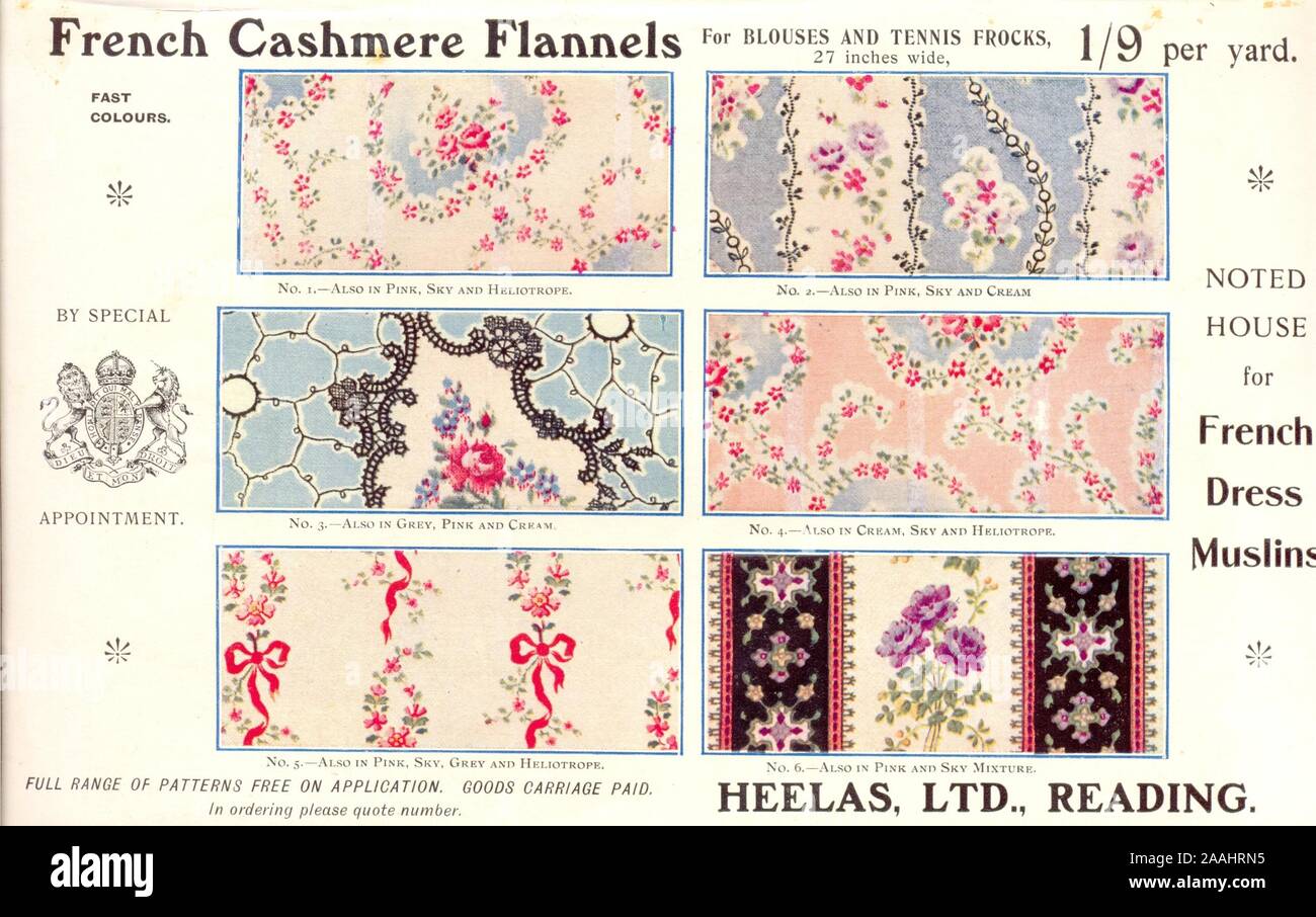 Werbung für französische Cashmere Tücher für Blusen und Tennis Kittel aus Heelas Ltd., Reading, Berkshire, ca. 1908 Stockfoto