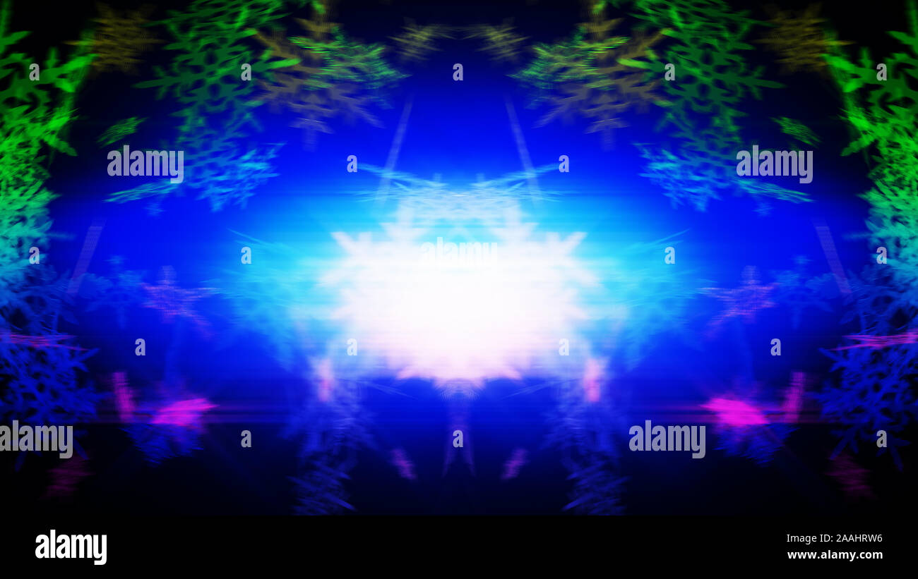 3d rendeing winter Schneeflocken in Bewegung und bunten Hintergrund und ein Blitz in der Mitte der Abbildung für Text. Stockfoto