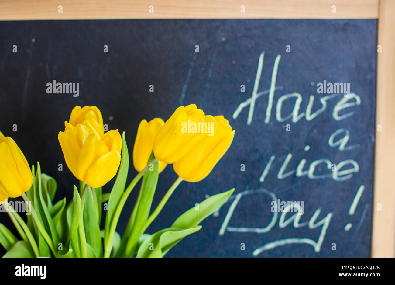 Gelbe Tulpen und Kreide Inschrift auf Tafel" haben Sie einen schönen Tag!" Stockfoto