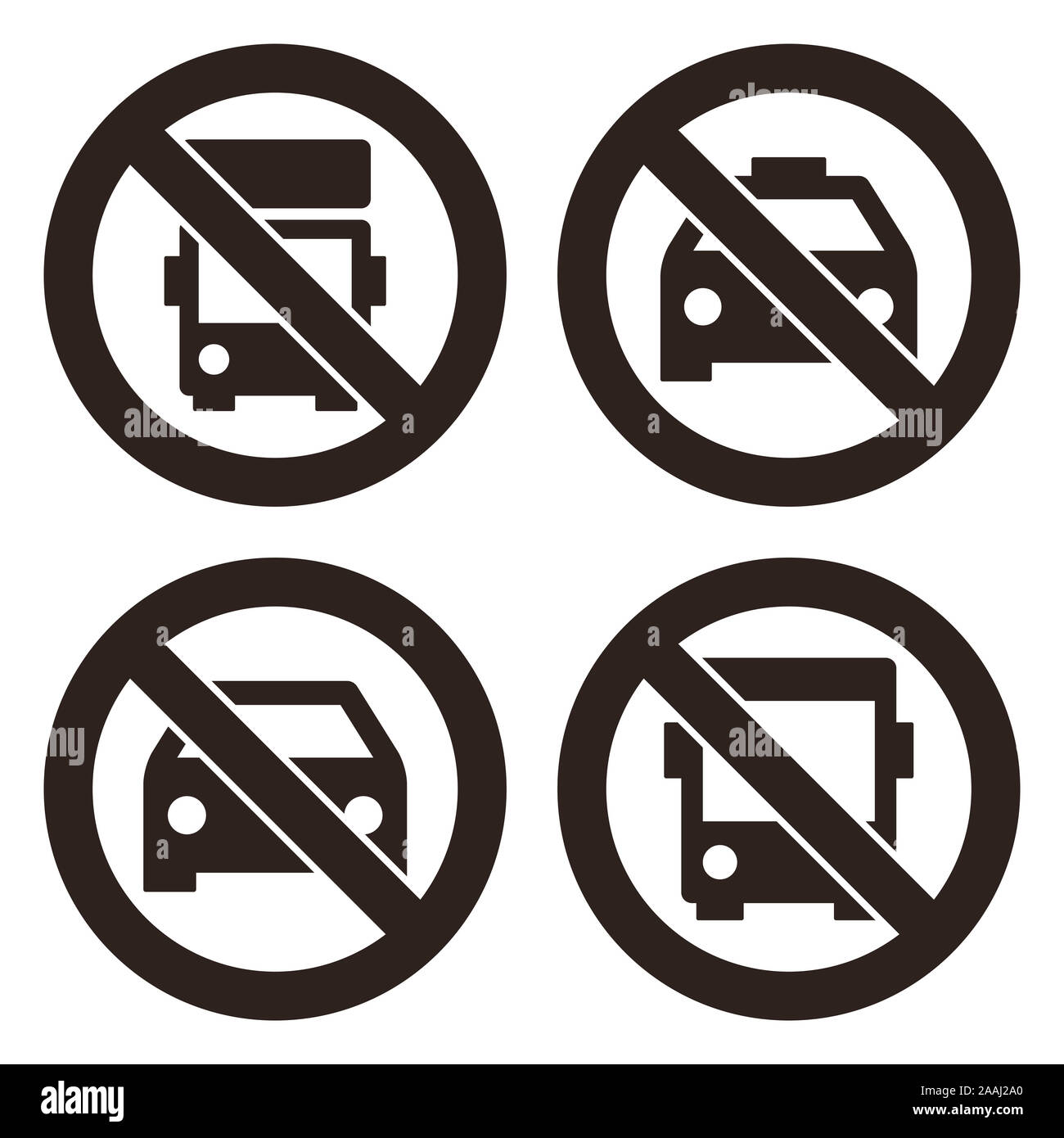 Keine LKW-Parkplatz Schild, kein Taxi parken, kein Auto oder keine Parkplätze Zeichen und keine Busse. Verbotene Zeichen auf weißem Hintergrund Stockfoto