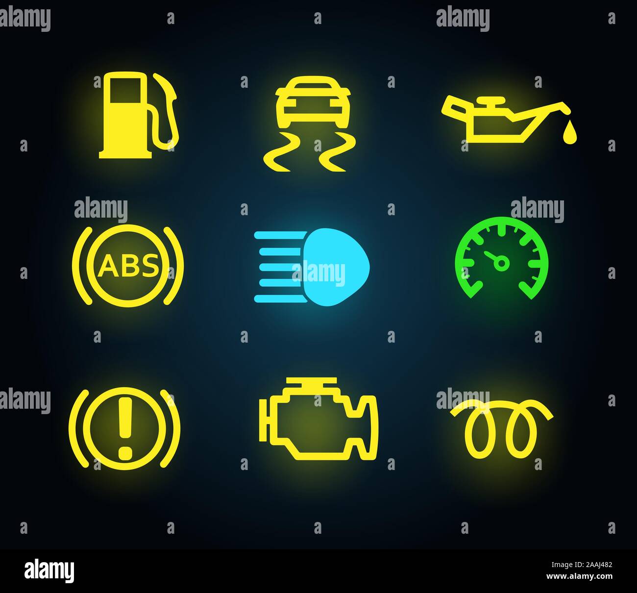 Satz von gelben und grünen Licht Armaturenbrett anzeigen, Symbole isoliert, Benzin, Öl, Motor, ABS, Brems, Vector Illustration Stock Vektor