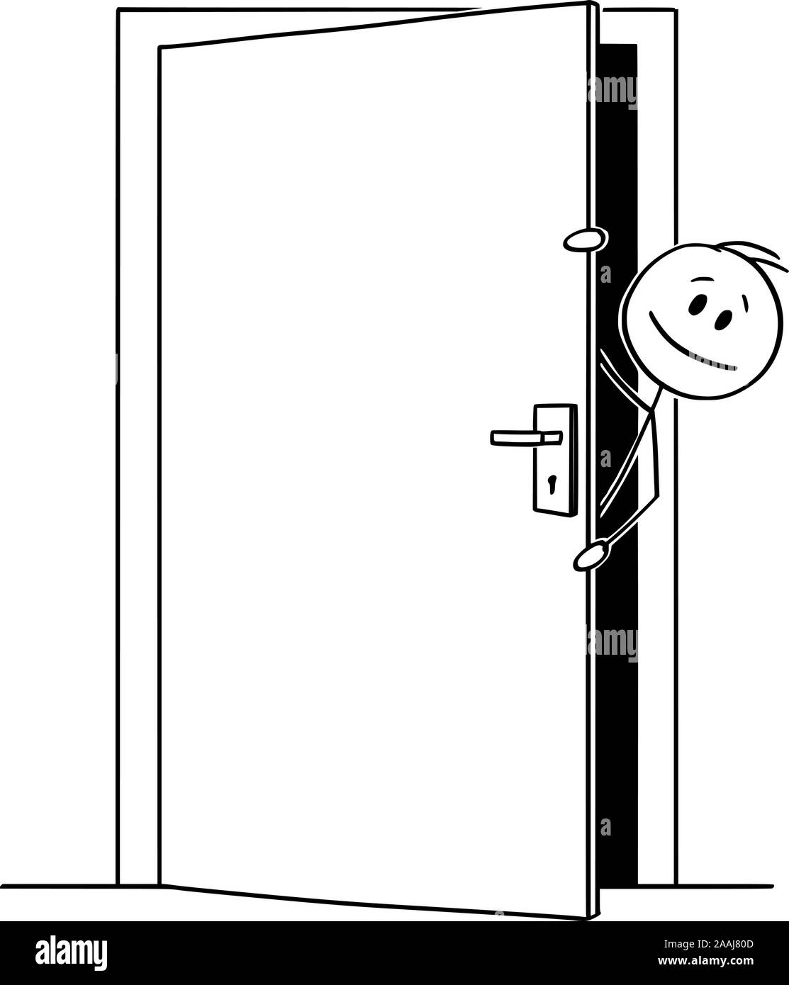 Vektor cartoon Strichmännchen Zeichnen konzeptionelle Darstellung der Mann oder Geschäftsmann heraus lugen oder schauen aus dem leicht geöffneten Tür. Stock Vektor