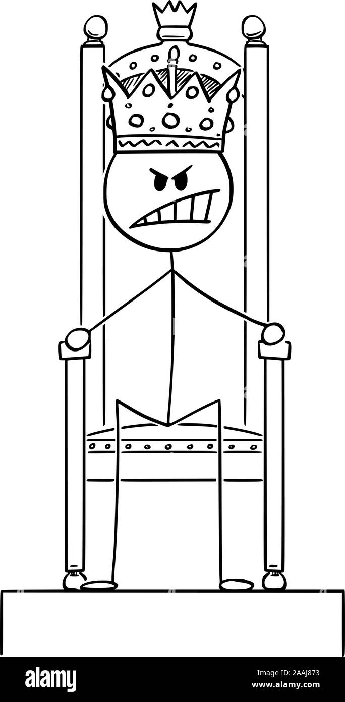 Vektor cartoon Strichmännchen Zeichnen konzeptionelle Darstellung der zornigen Mann oder König sitzen auf königlichen Thron mit Krone auf dem Kopf. Stock Vektor