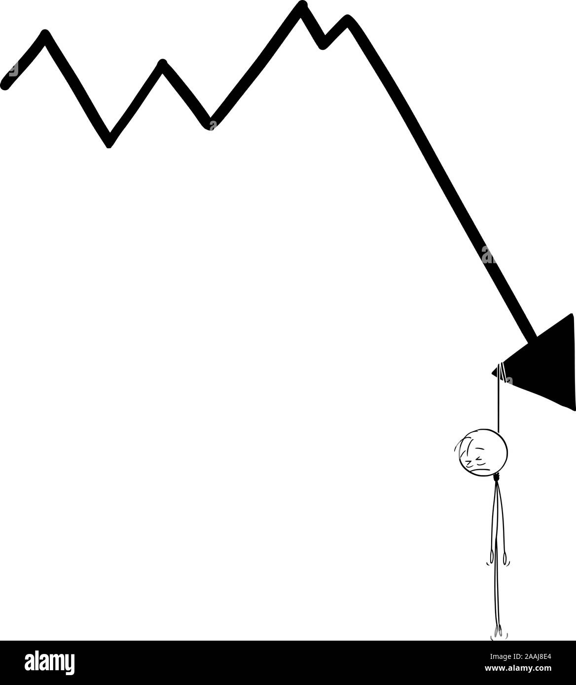 Vektor cartoon Strichmännchen Zeichnen konzeptionelle Darstellung der Mann oder Geschäftsmann auf die sinkende finanzielle Diagramm Pfeil gehängt. Konzept der Krise. Stock Vektor