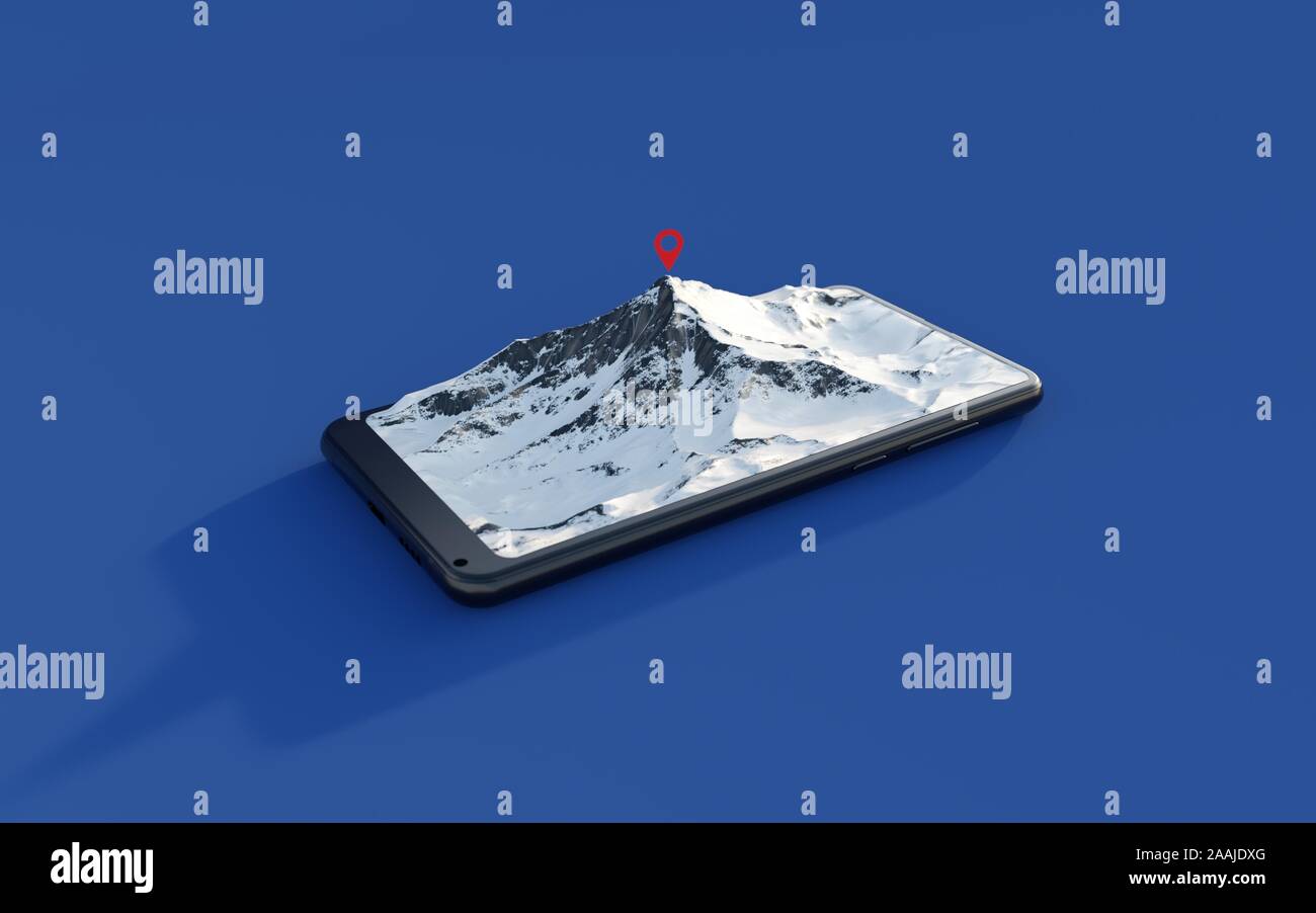 Snowy Mountain aus der Bildschirm des Smartphones Stockfoto