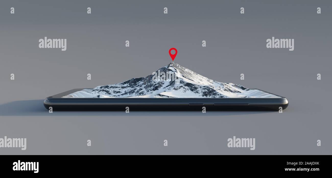 Berg aus dem Bildschirm des Smartphones, Lage an der Spitze Stockfoto