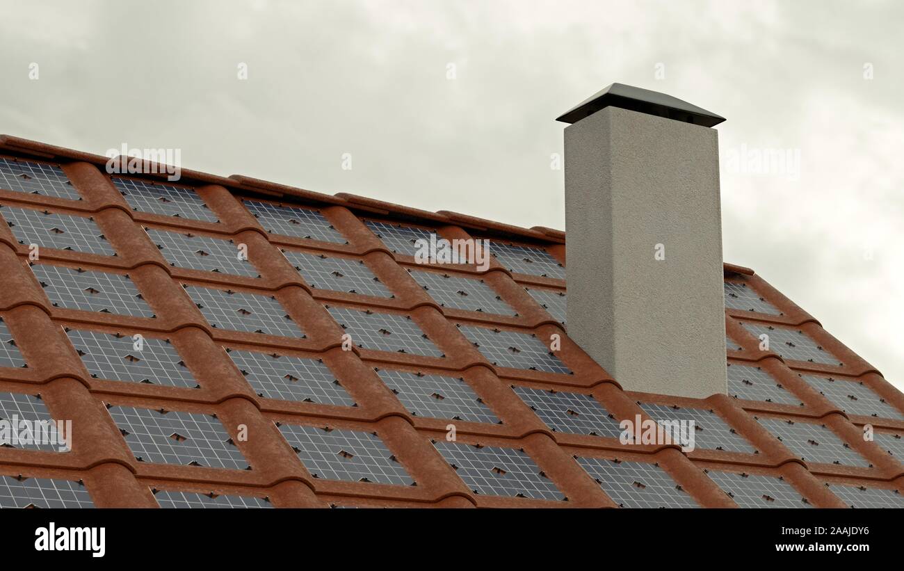 Dach der Solar Fliesen mit Kamin, Wetter Stockfotografie - Alamy
