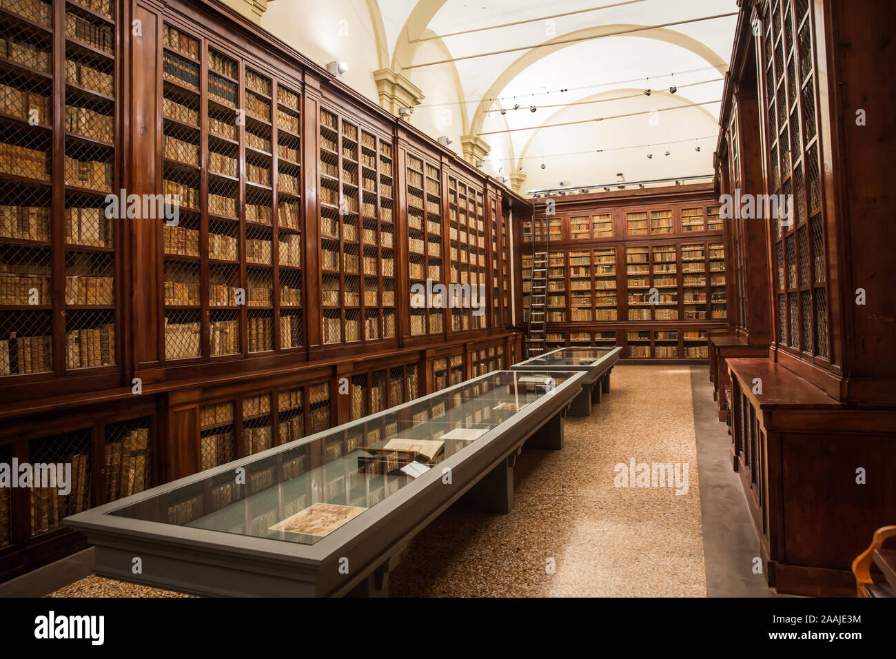 Alte Holz- Bibliothek in Italien mit alten Büchern. Stockfoto